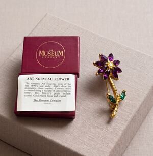 The Museum Company Art Nouveau Flower Brooch Crystal Gold Plated Boxed